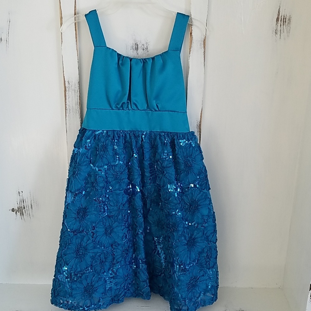 Teal Sequin Floral Satin Dress